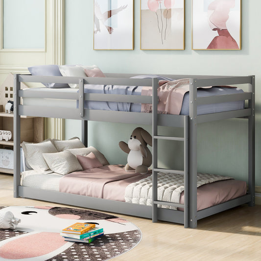 TREATLIFE HOME Twin Over Twin Floor Bunk Bed with Ladder, Solid Wood Construction, Gray