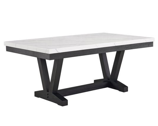 Rectangular dining table with white marble top and dark wood trestle base