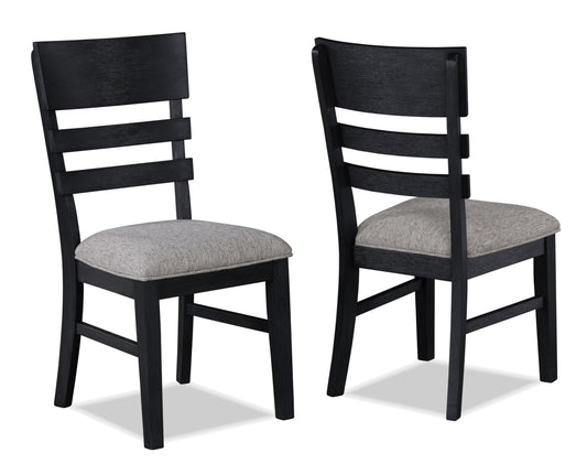 Black wooden dining chair with grey upholstered seat