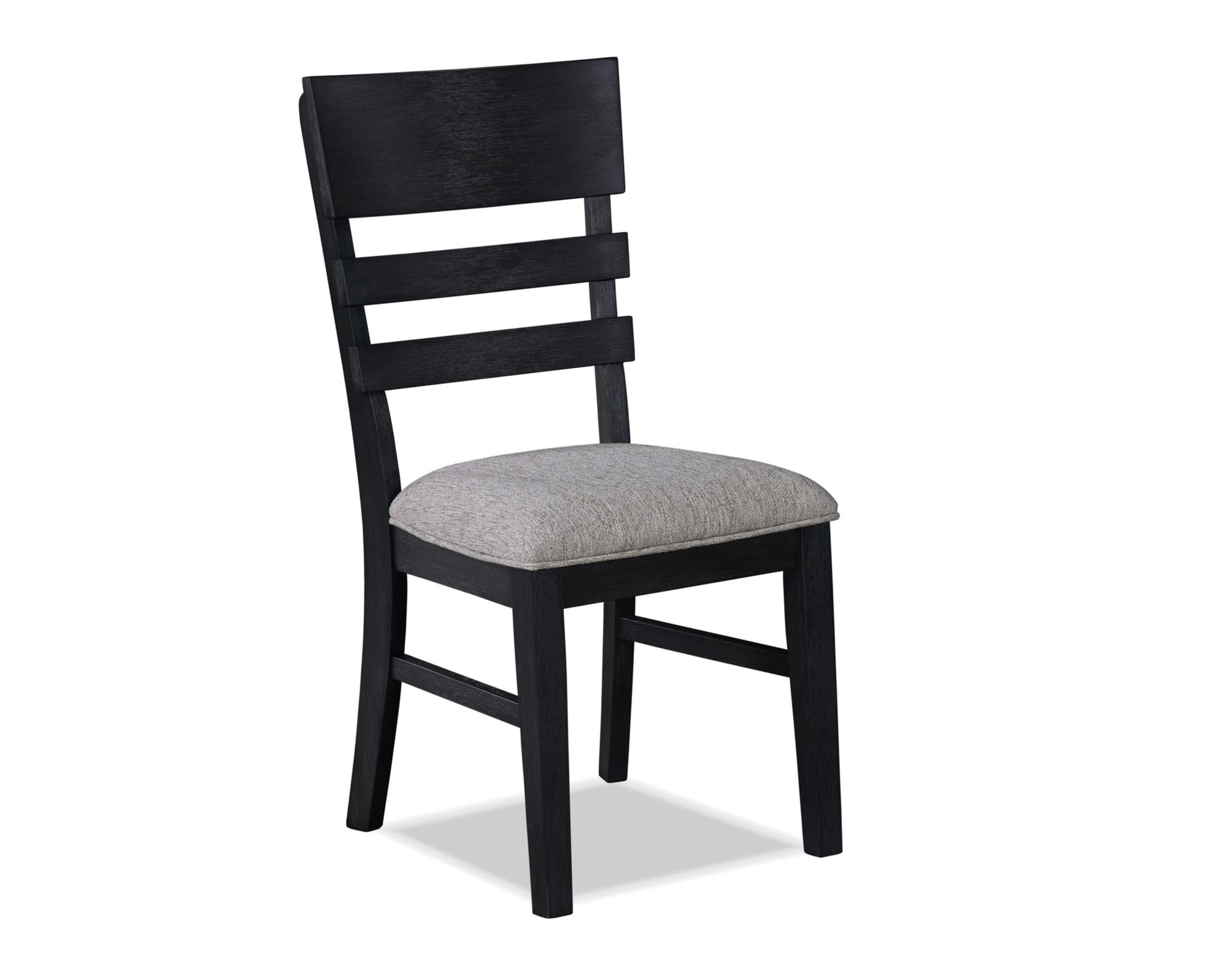 Black wooden dining chair with a light grey upholstered seat