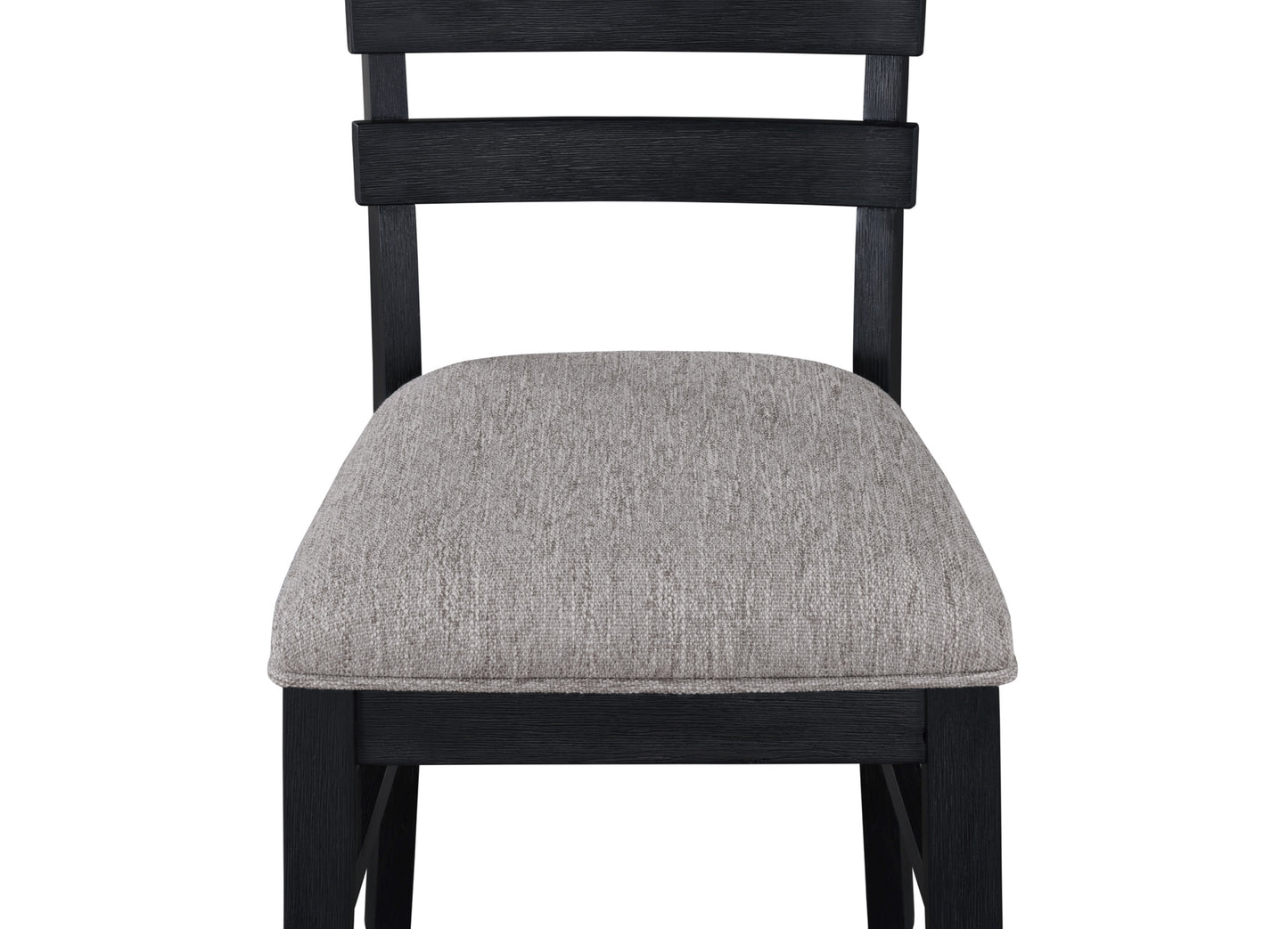 Black wood dining chair with textured grey seat cushion