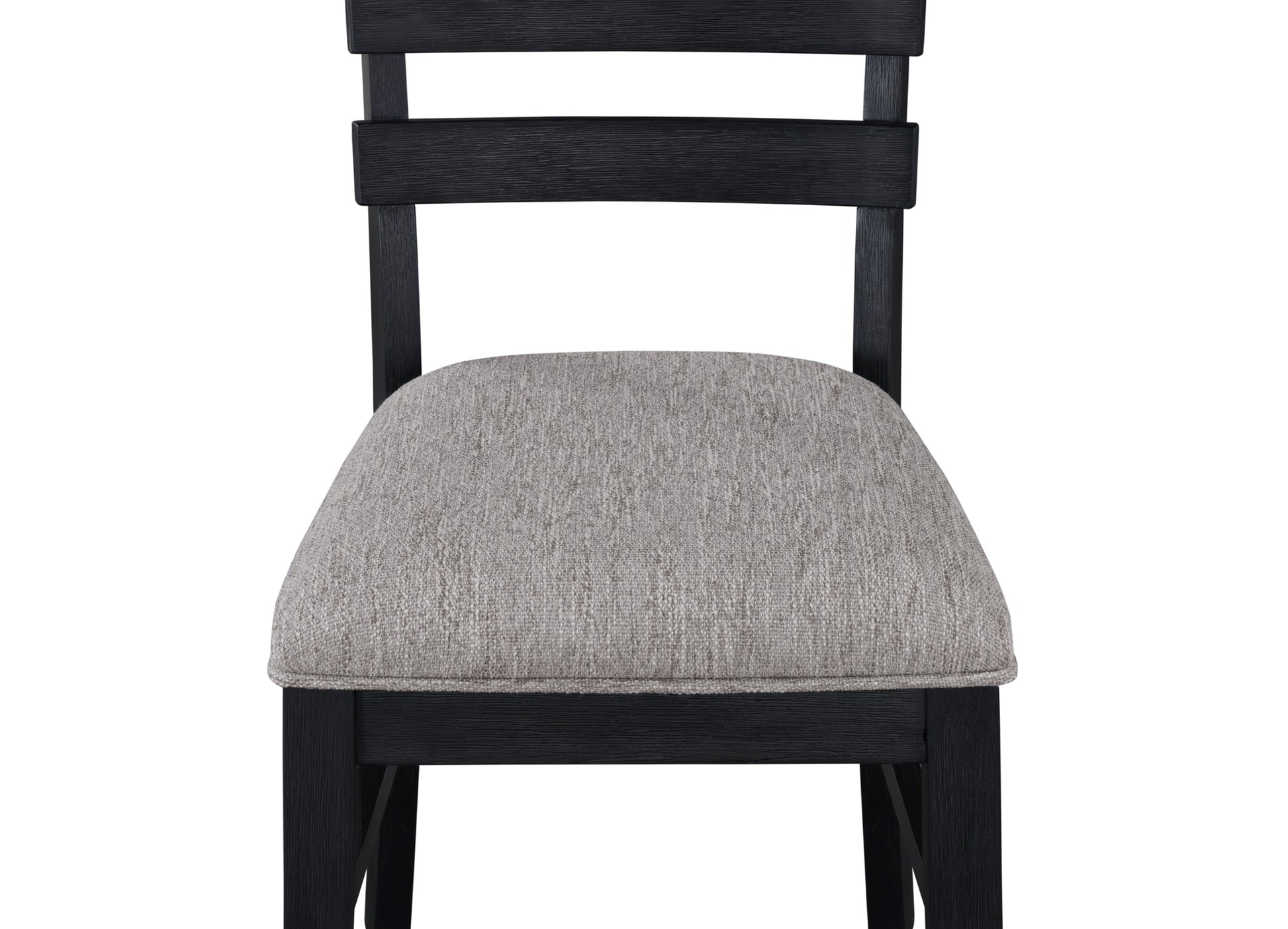 Black wood dining chair with textured grey seat cushion