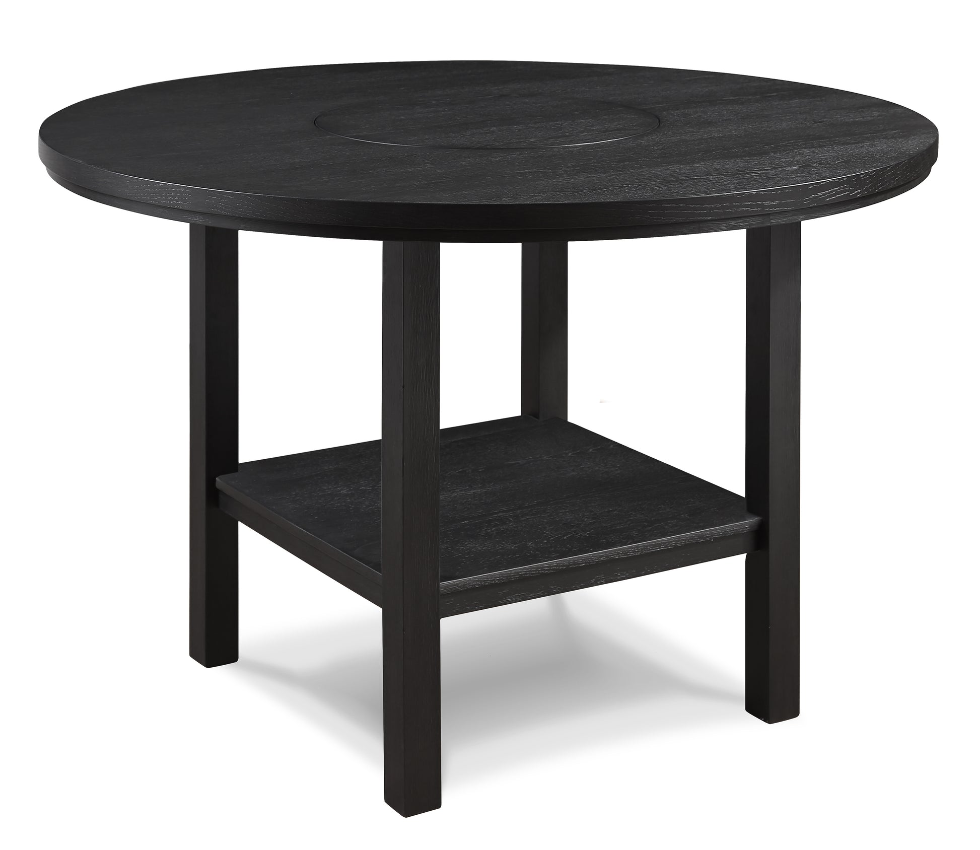 Round black wood dining table with lower shelf