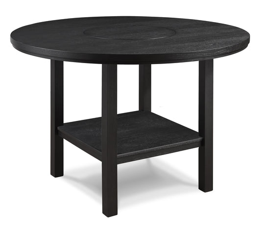 Round black wood dining table with lower shelf