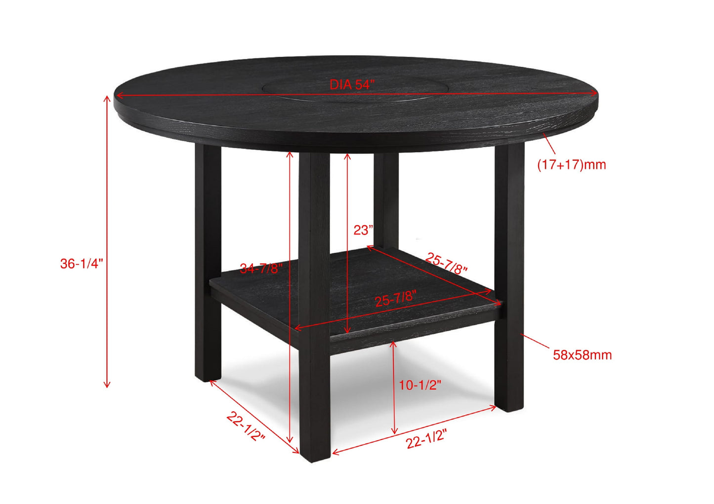 Black inch round dining table with lower shelf