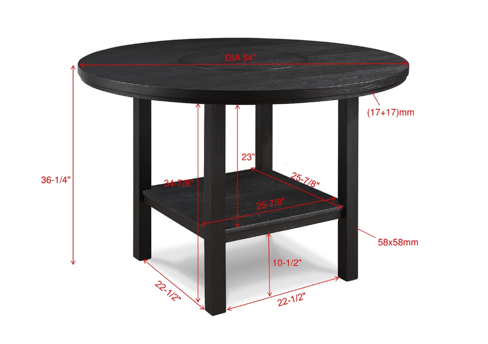 Black inch round dining table with lower shelf