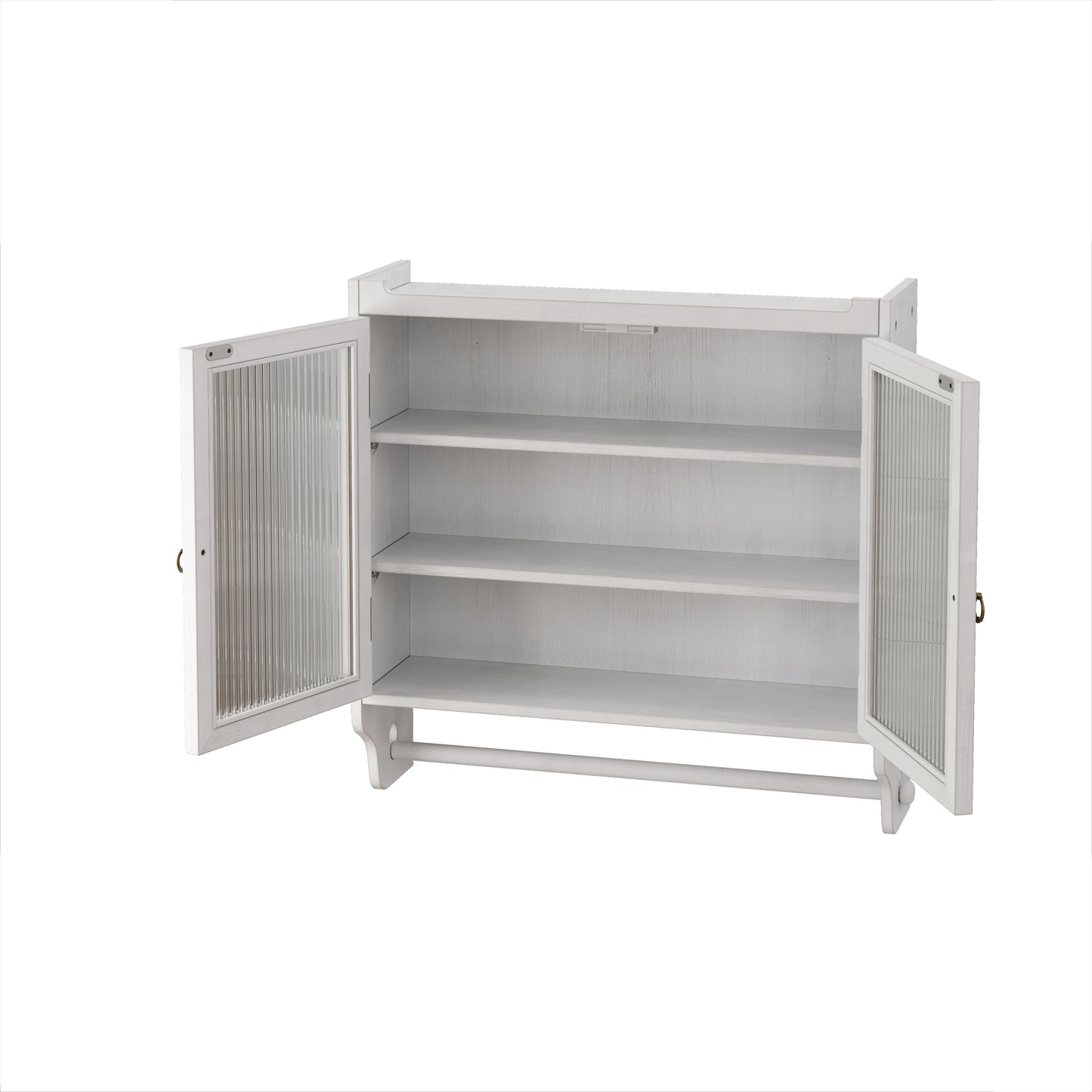 White distressed wood storage cabinet with fluted glass doors