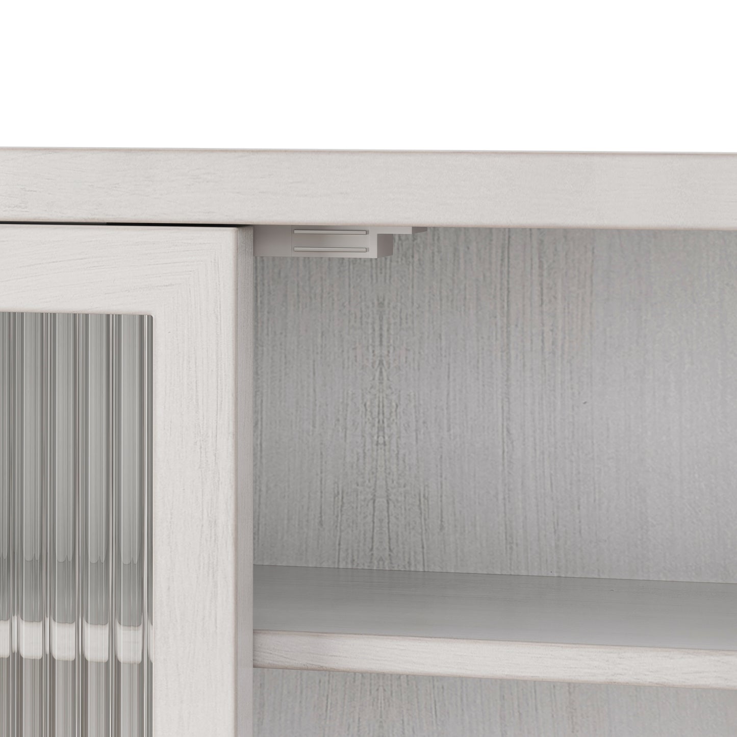 White wood cabinet door with fluted glass insert