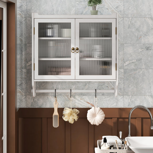 White wallmounted bathroom cabinet with fluted glass doors