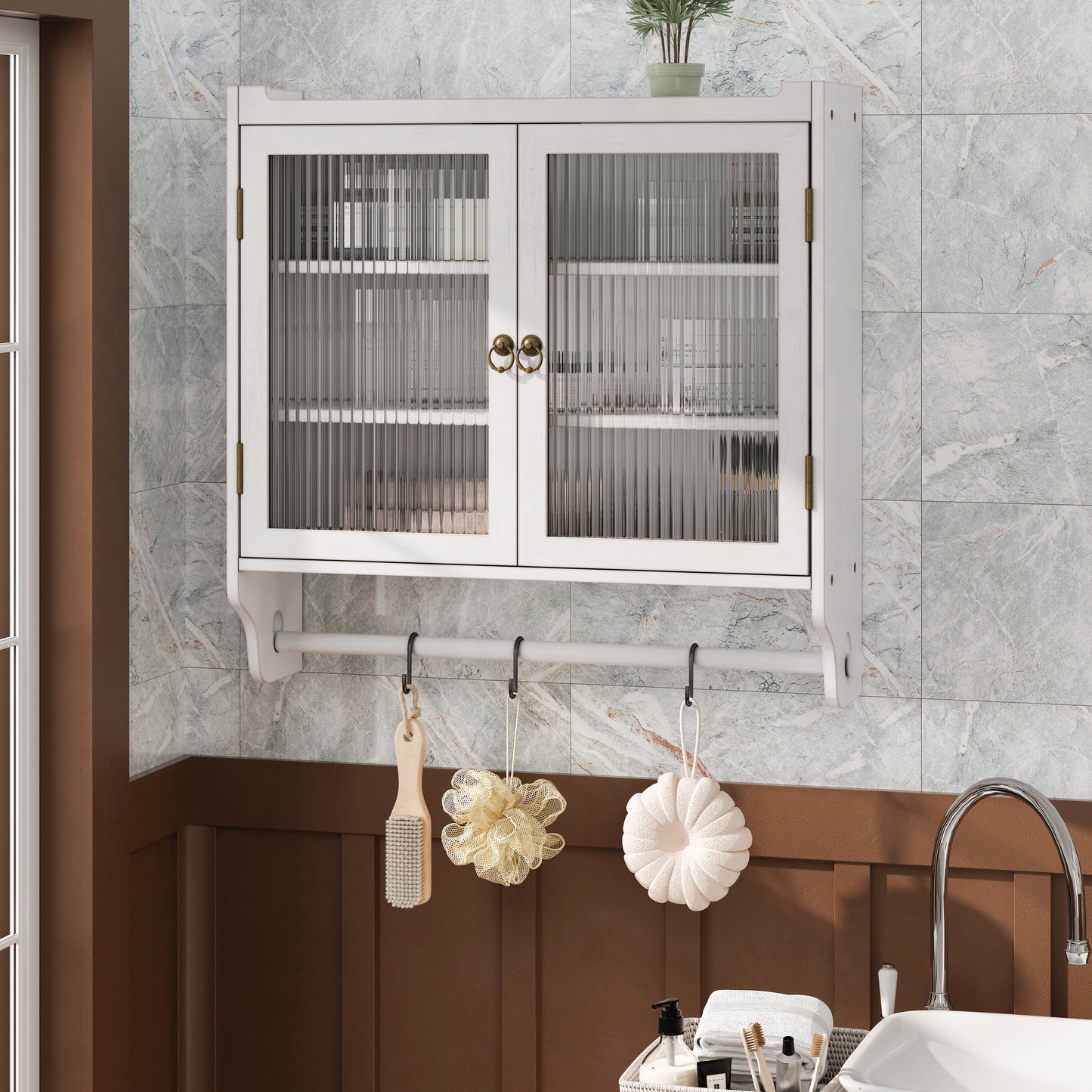White wallmounted bathroom cabinet with fluted glass doors