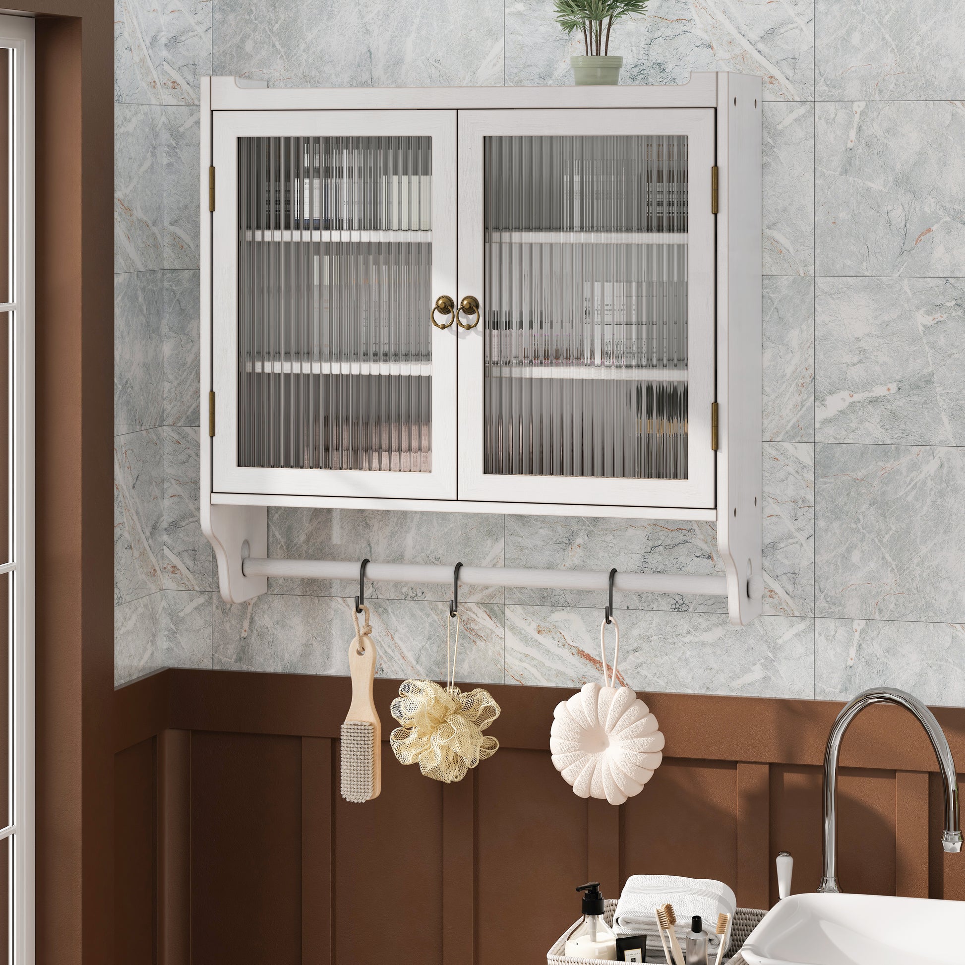 White wallmounted bathroom cabinet with fluted glass doors