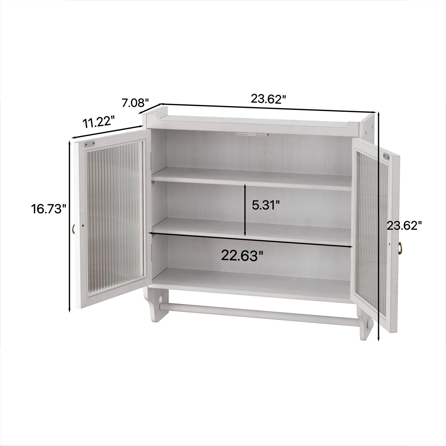 White distressed wood wall cabinet with glass doors and towel bar