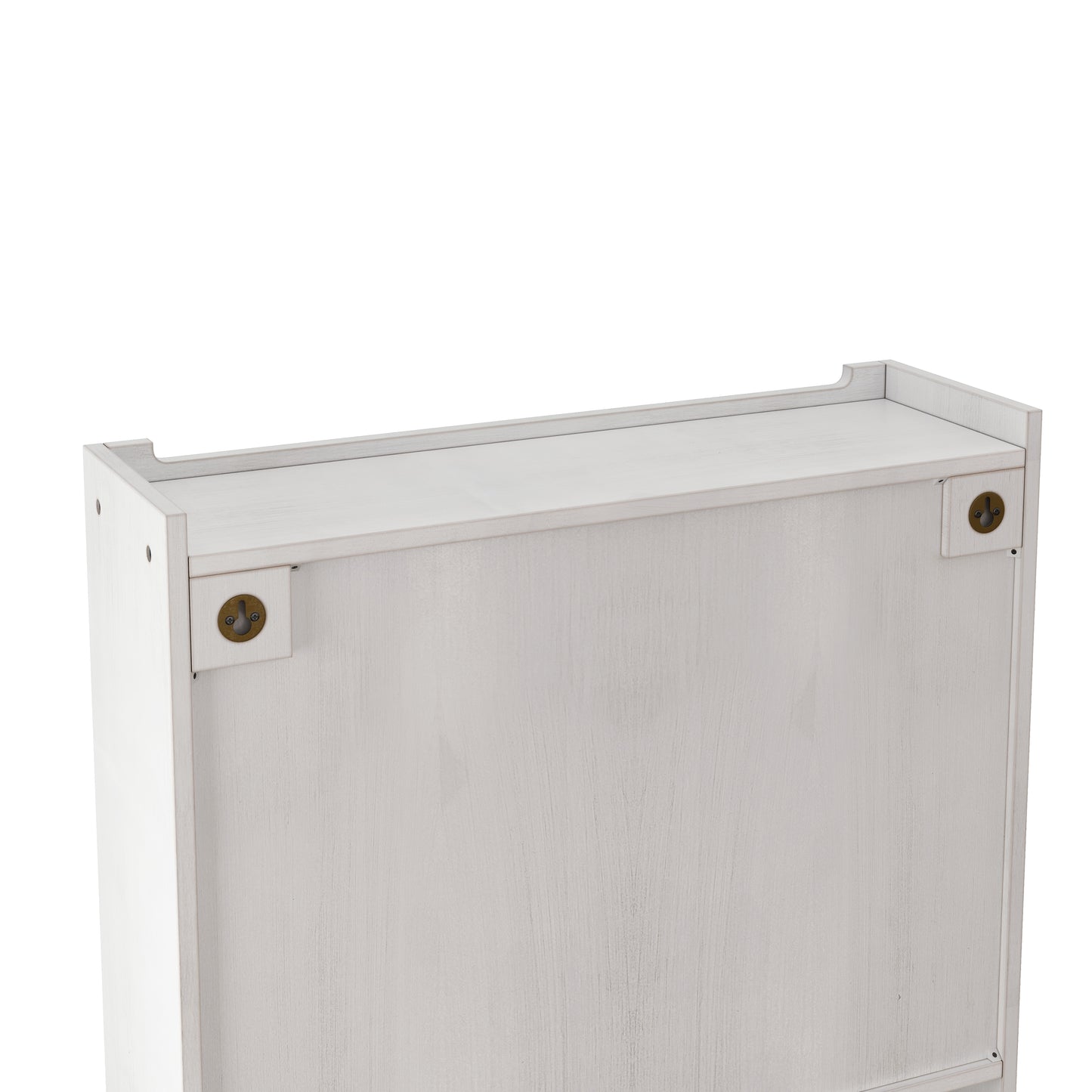 White wooden shoe rack top detail with distressed finish