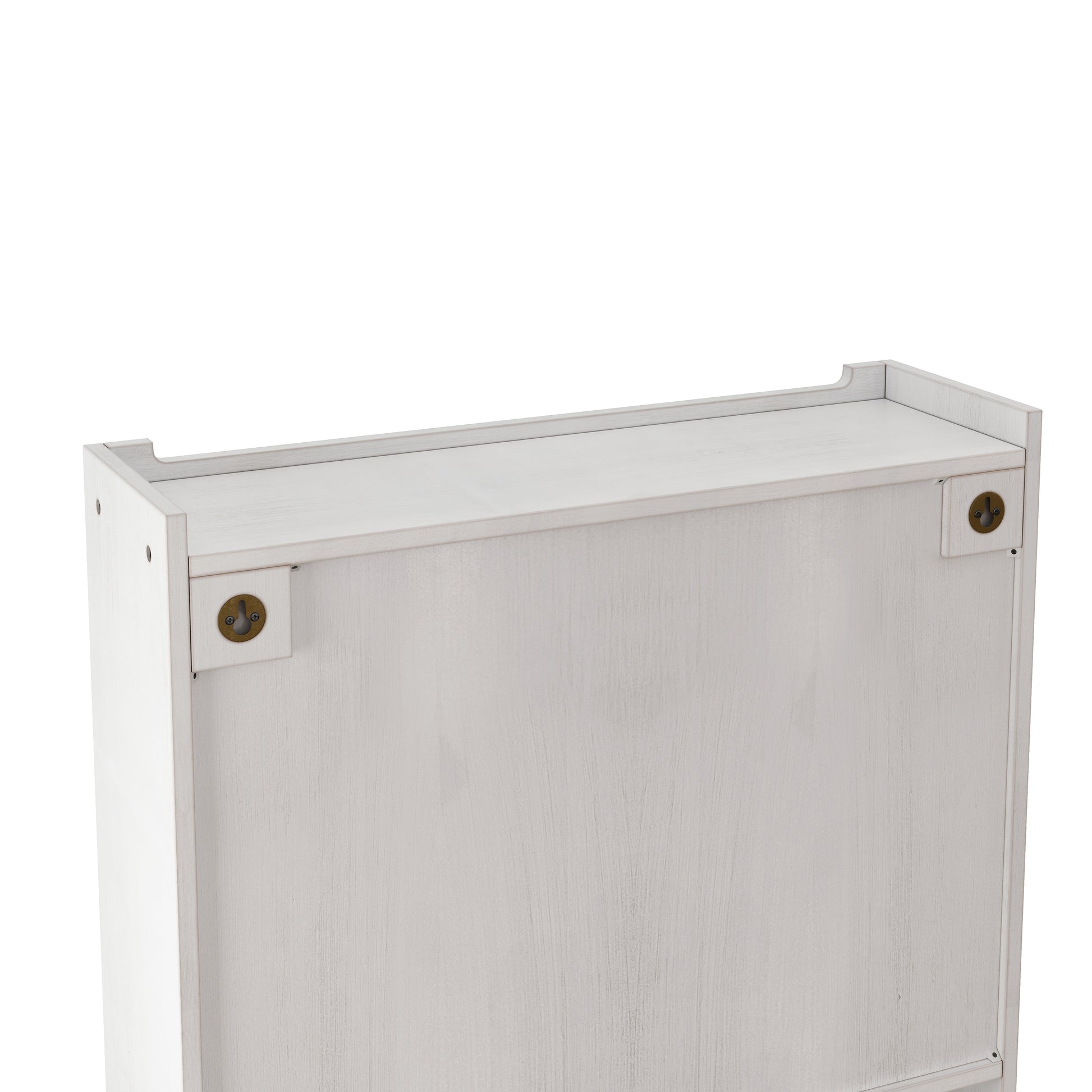 White wooden shoe rack top detail with distressed finish