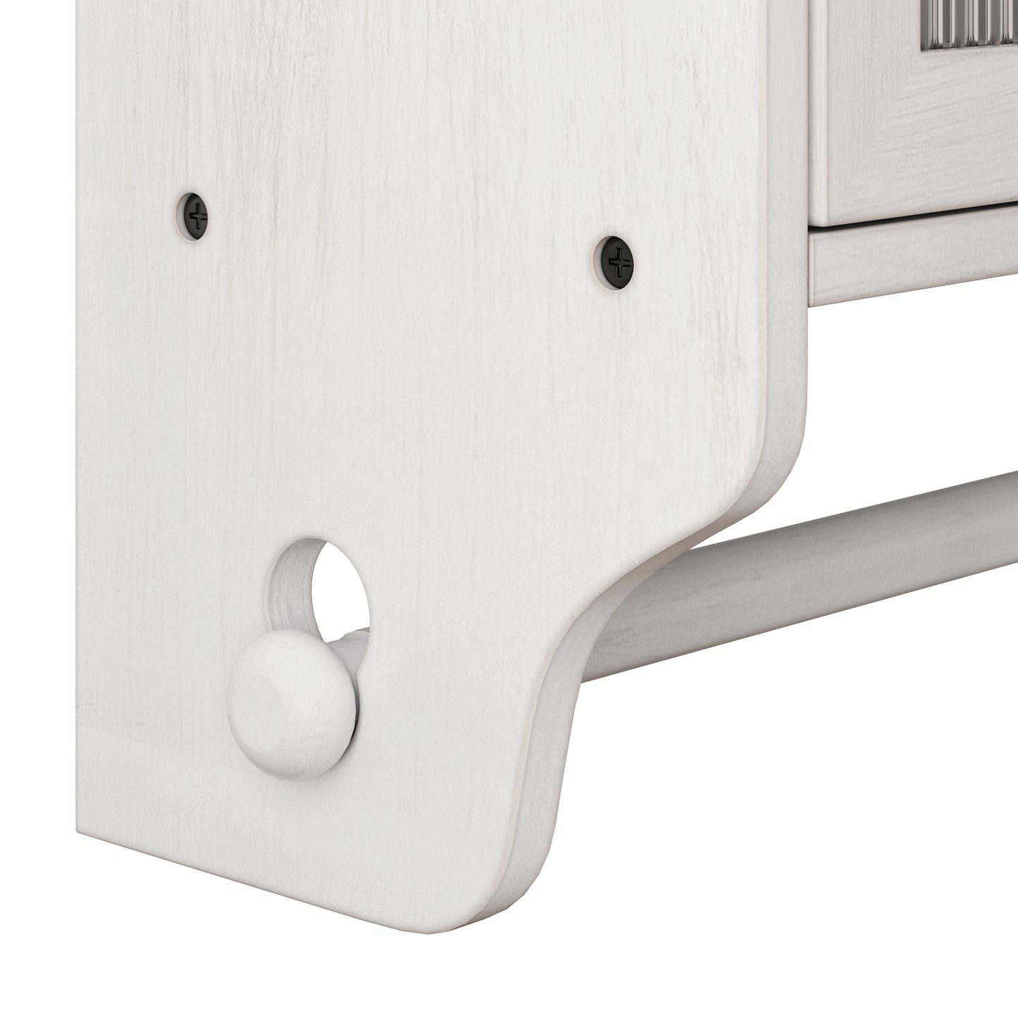 White distressed wood cabinet detail with round decorative knob and screws