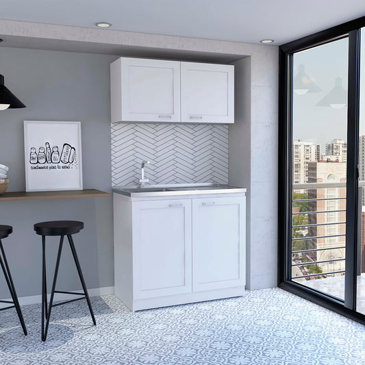 White laundry cabinet with stainless steel sink and chrome faucet