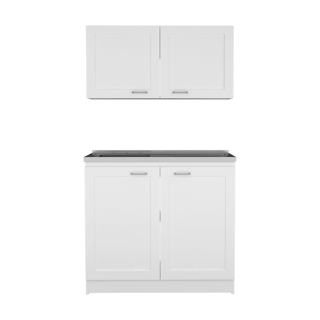 White kitchen base cabinet with double doors and silver handles