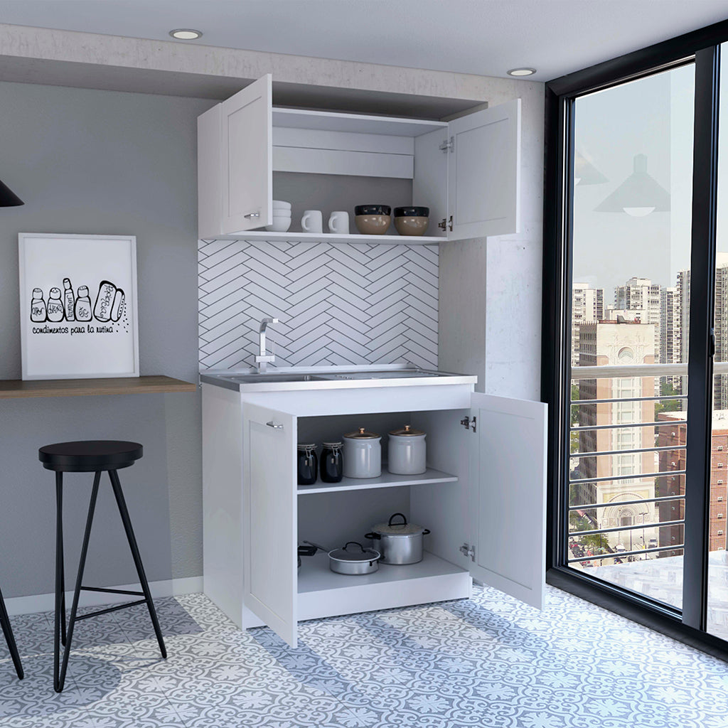 Compact white kitchen cabinet with open doors showing storage