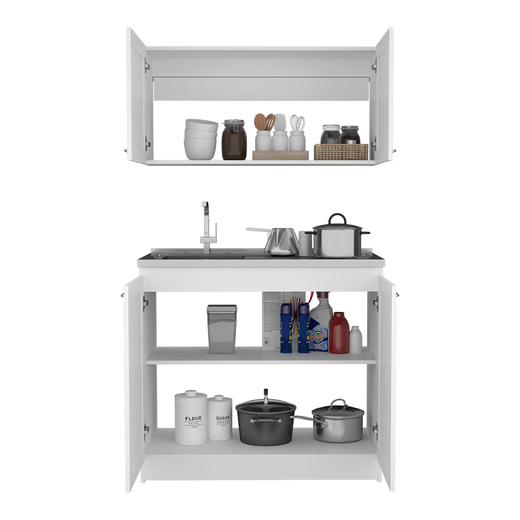 White kitchen cabinet with sink and cookware