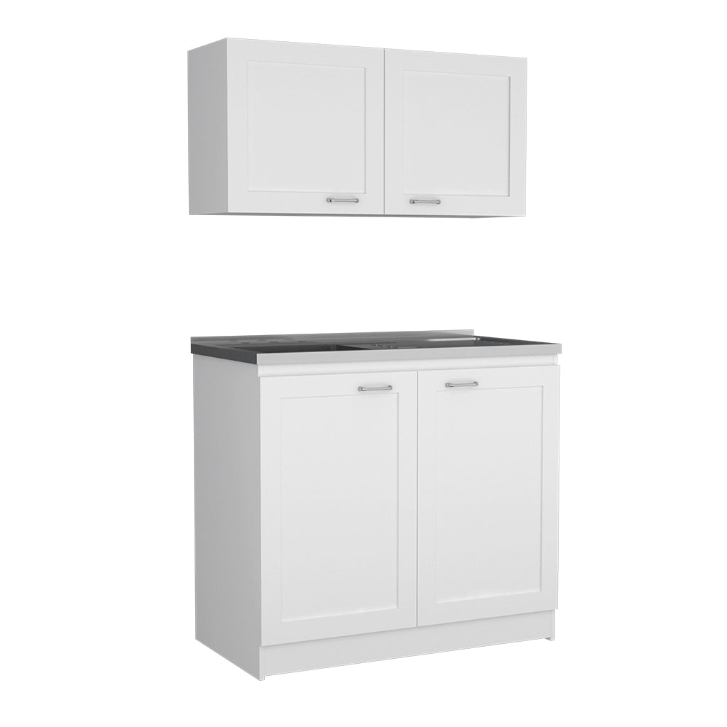 White modern kitchen cabinet set with dual upper cabinets and a lower cabinet