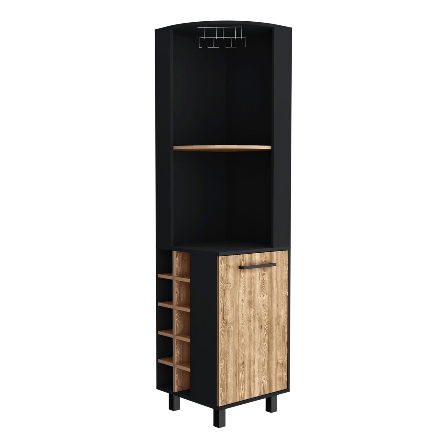 Modern black corner cabinet with wood grain door and wine rack