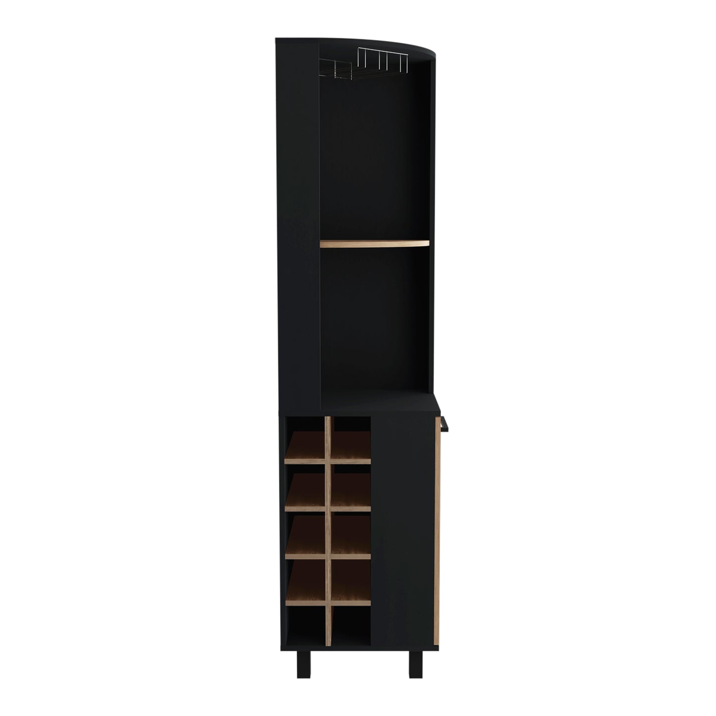 Modern black wine cabinet with wood accents and bottle rack