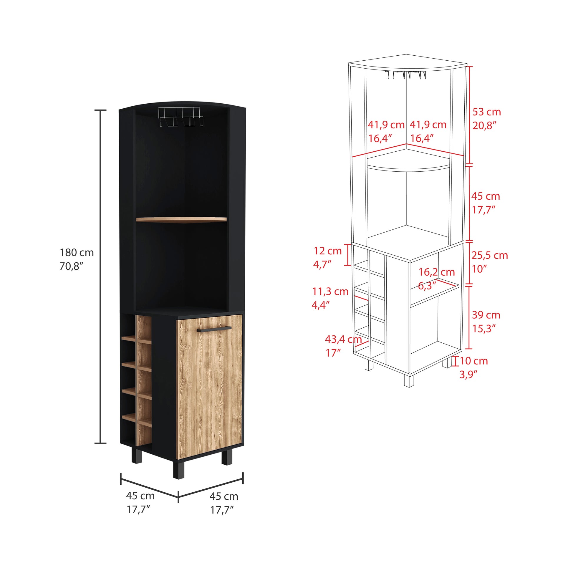 Black and wood corner bar cabinet with wine racks and glass holders