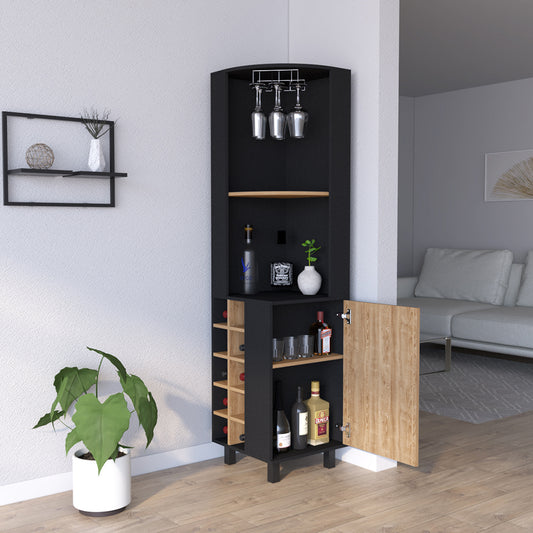 Modern black corner bar cabinet with wine rack and glass holder