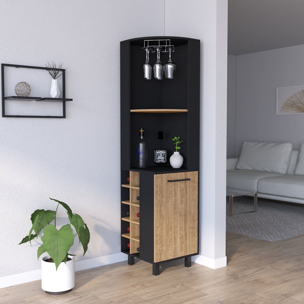 Black corner bar cabinet with wine rack and glass holder