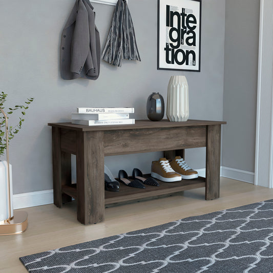 Dark brown wooden entryway bench with shoe storage shelf holding black heels and tan sneakers