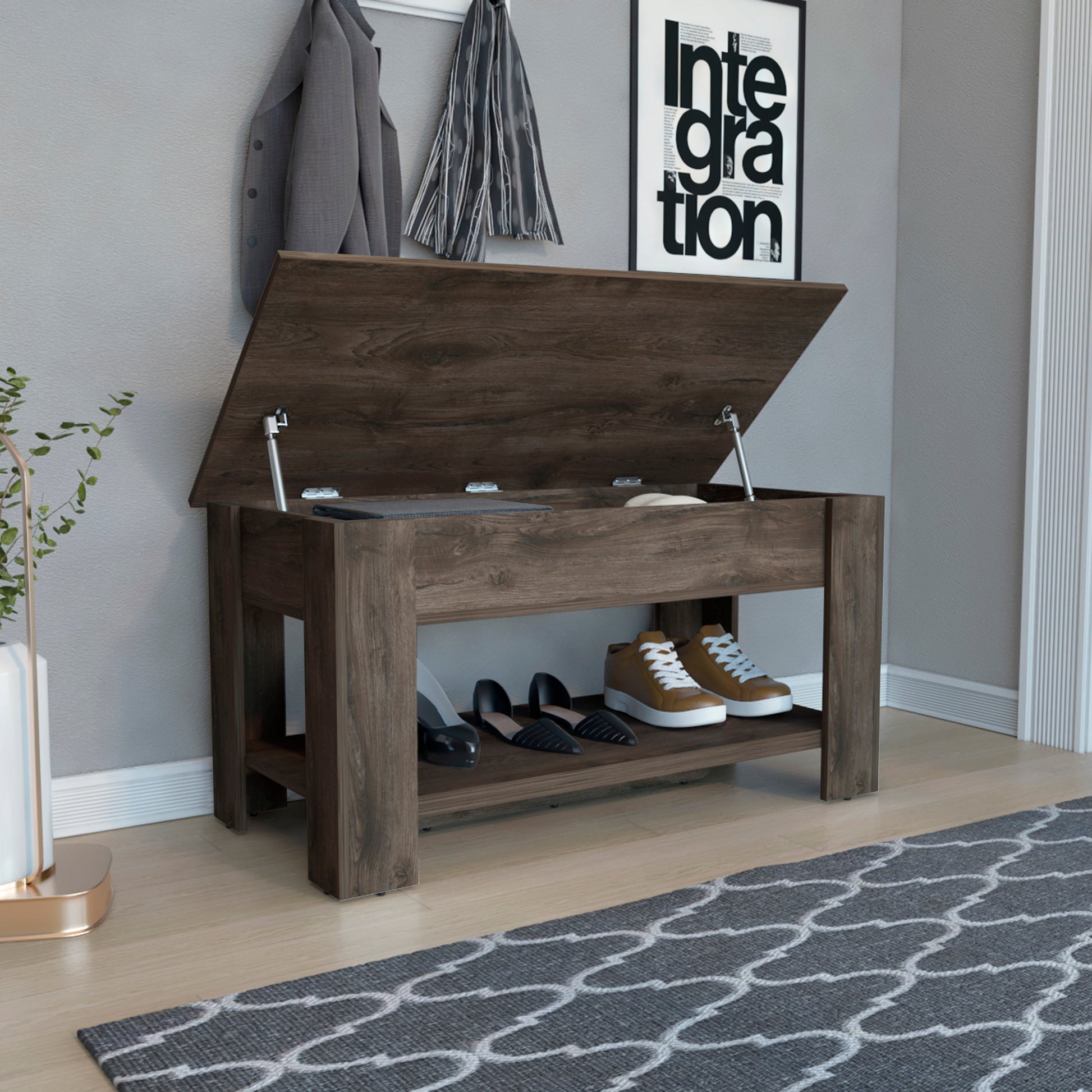 Rustic brown wood entryway bench with hidden storage and shoe rack