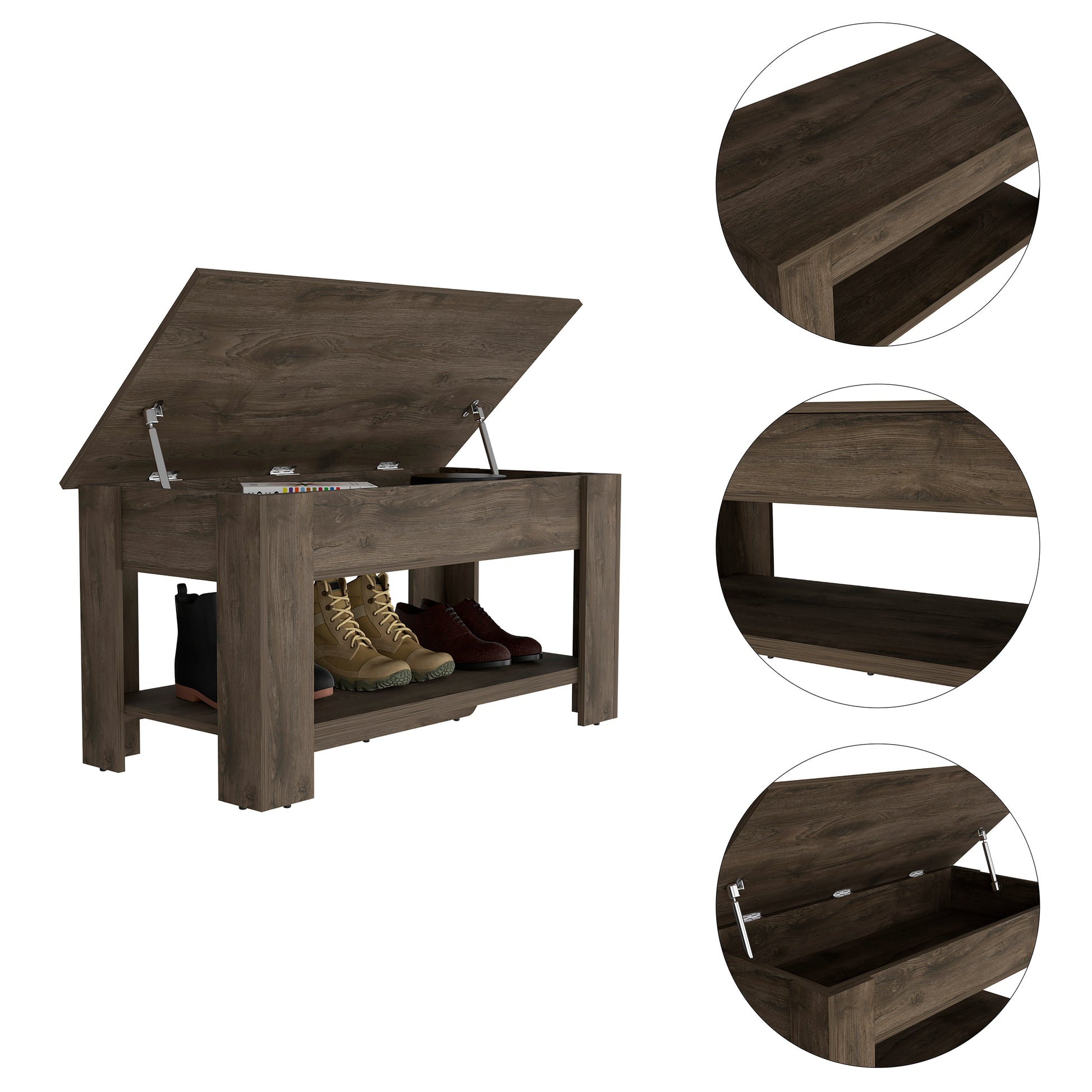 Dark brown lifttop storage ottoman with metal hinges and shelf