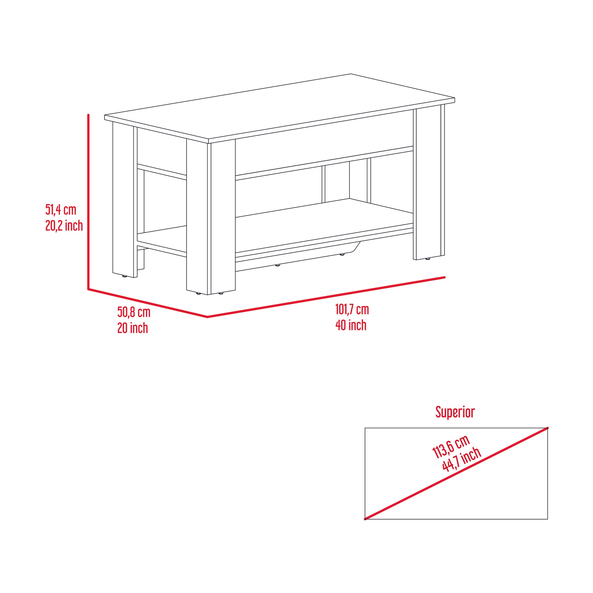 Line drawing of a modern coffee table with dimensions