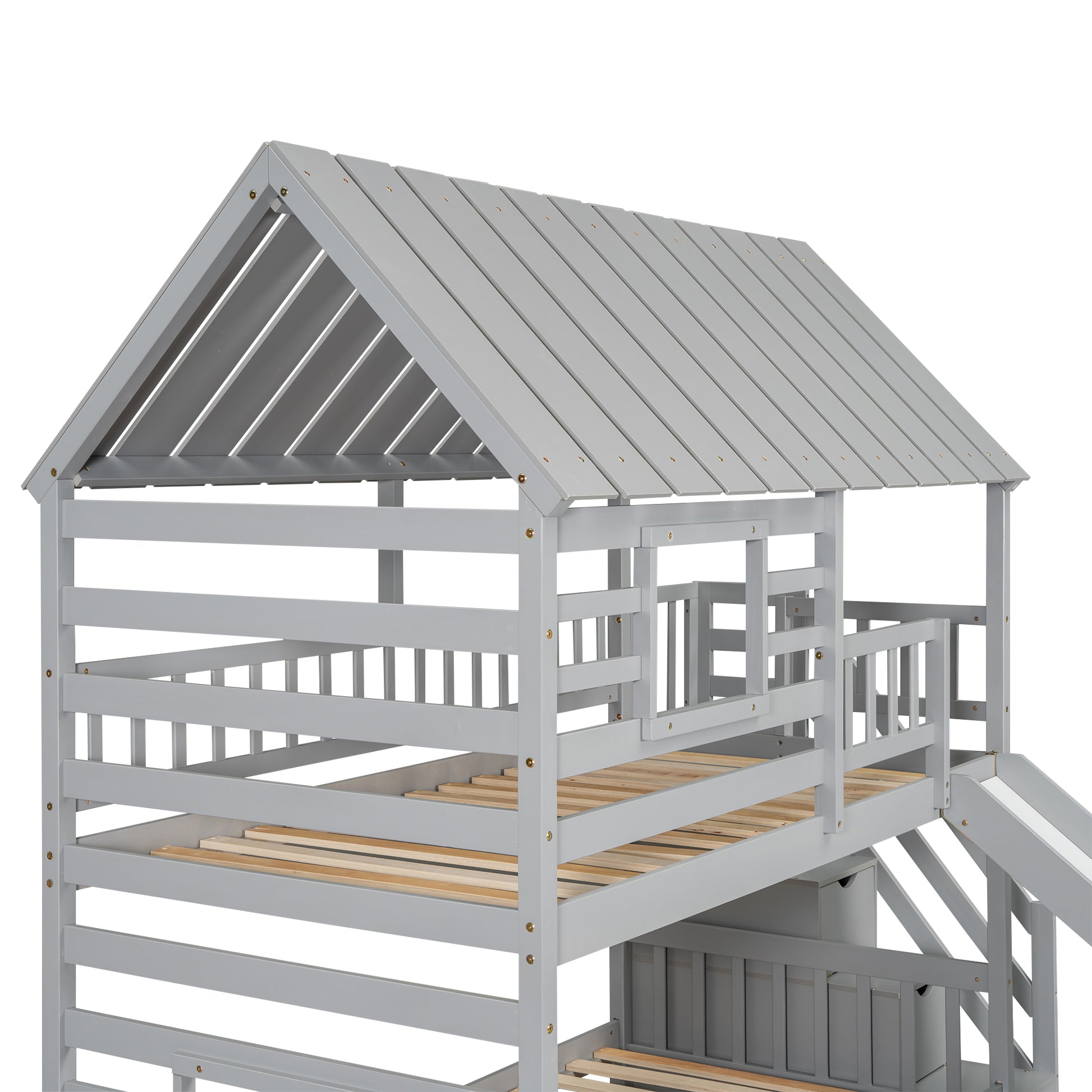 Gray wooden twin over twin house bunk bed with slide