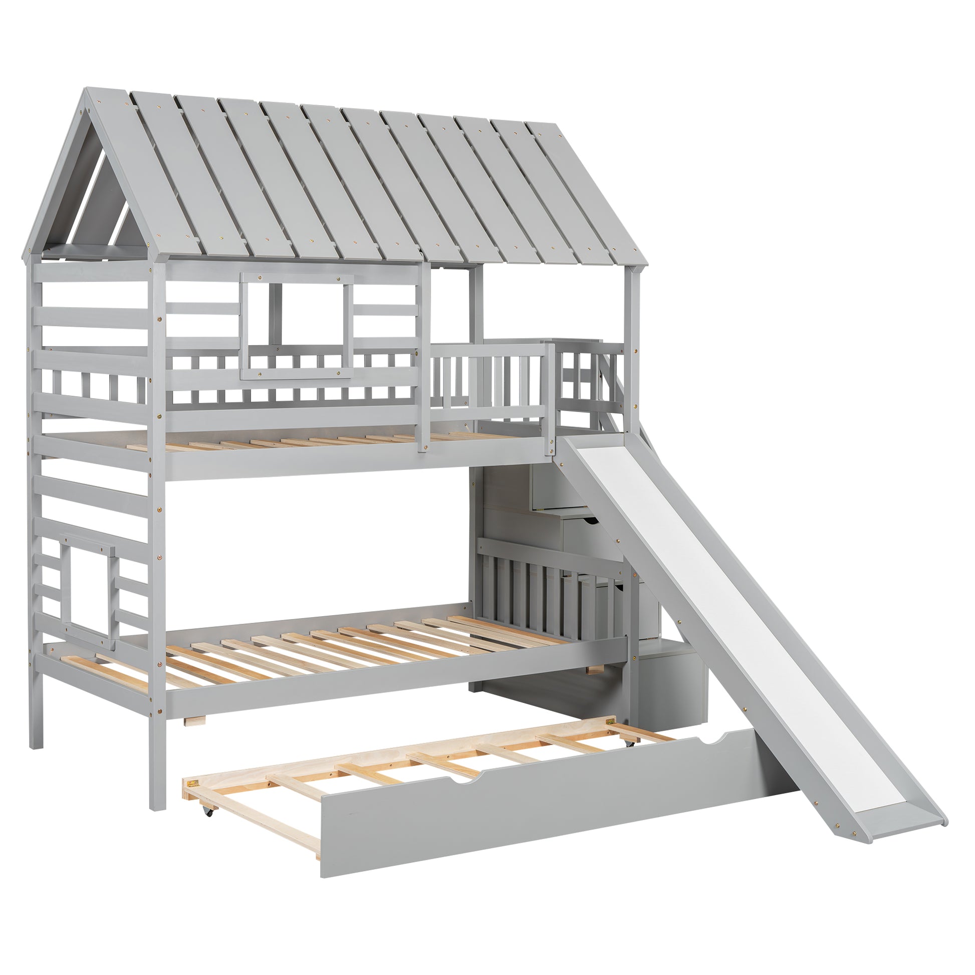Gray wooden twin over twin bunk bed with slide and trundle