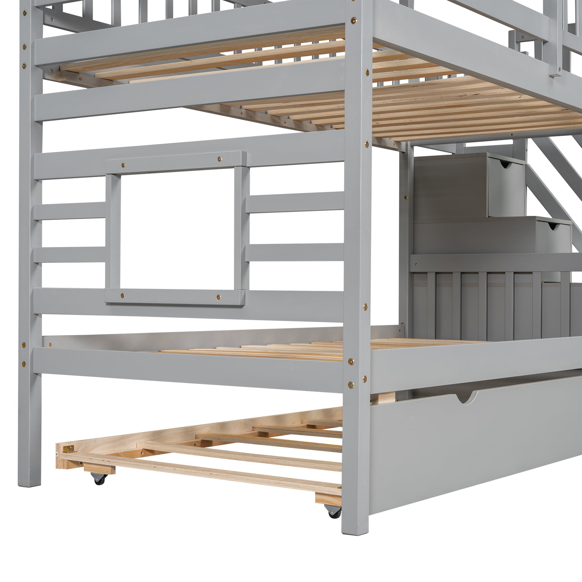 Gray wooden bunk bed with pullout trundle and storage stairs