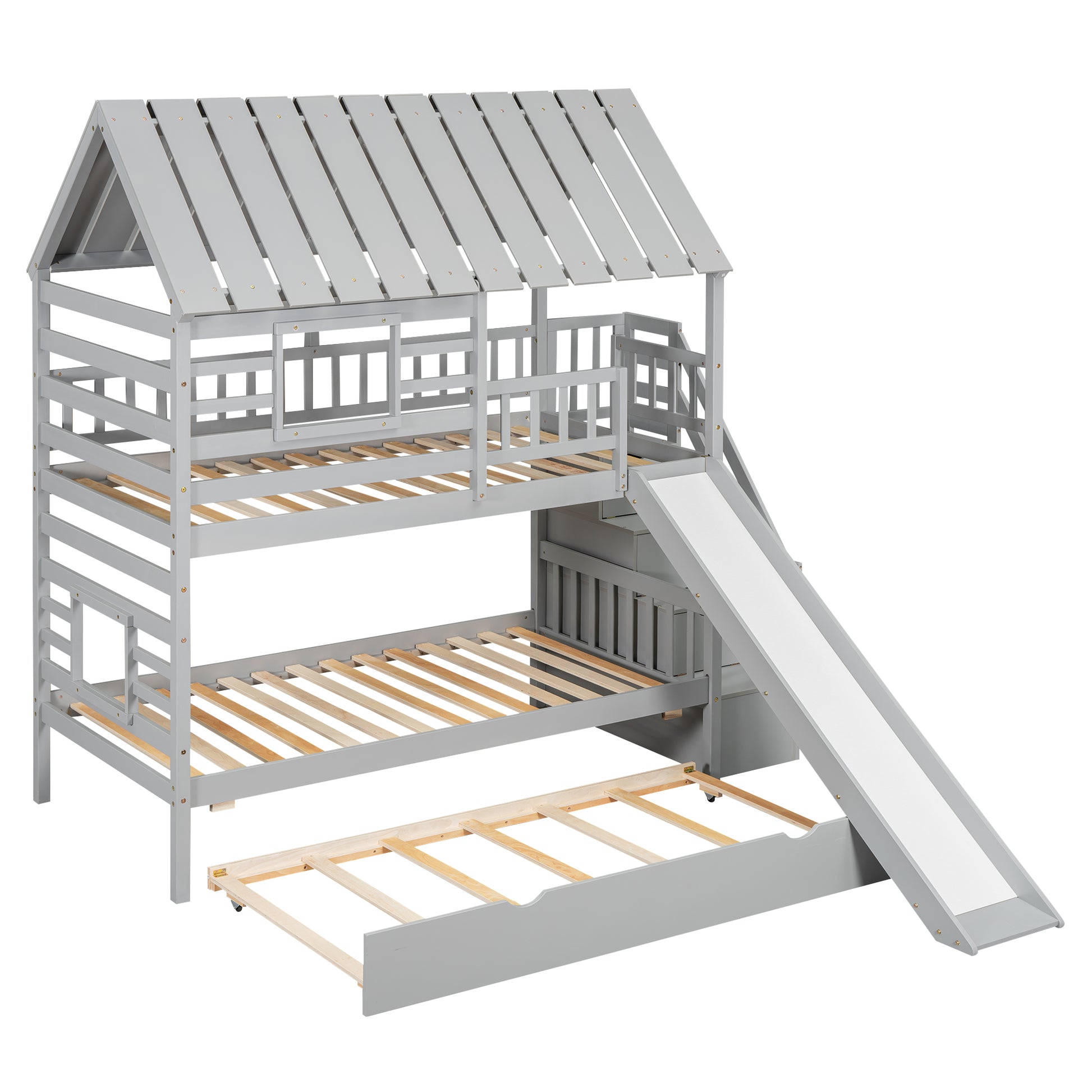 Gray wooden bunk bed with slide and trundle