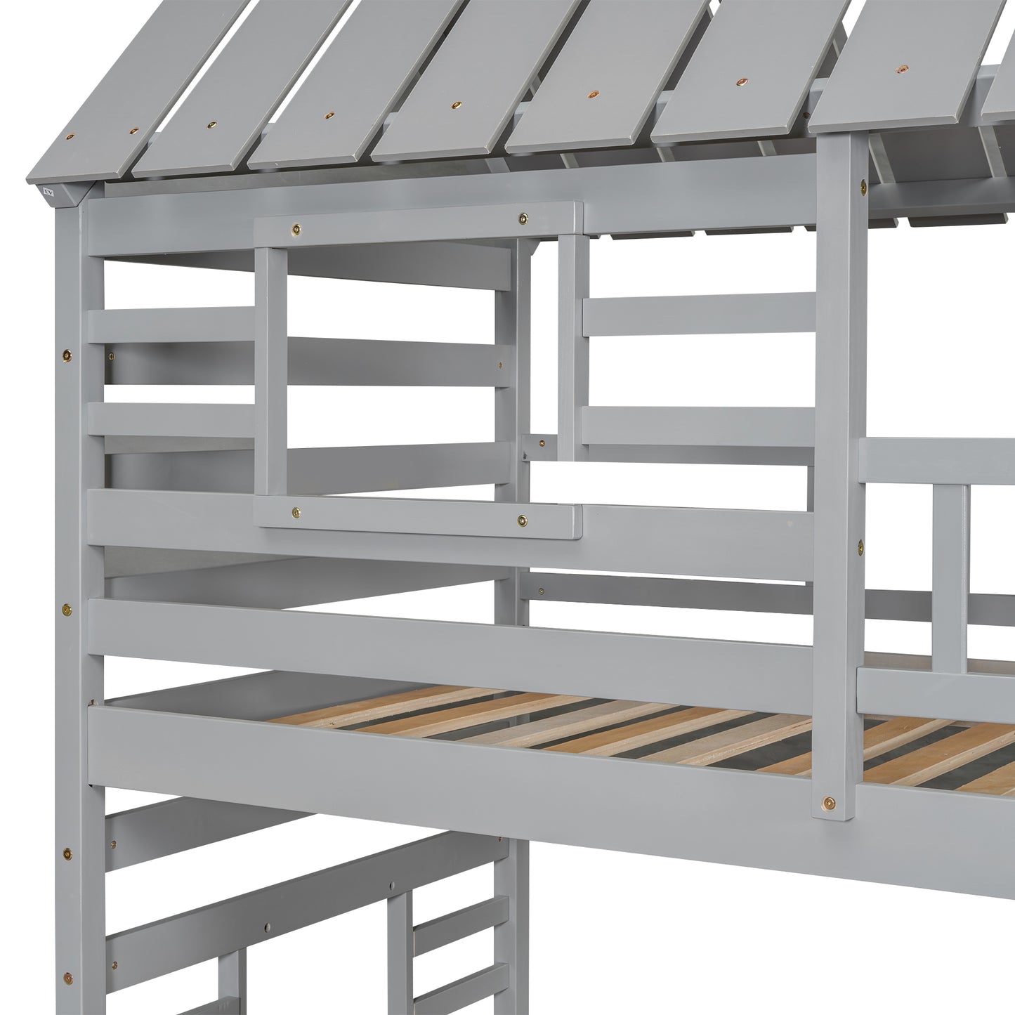 Gray wooden twin loft bed frame with slatted roof detail