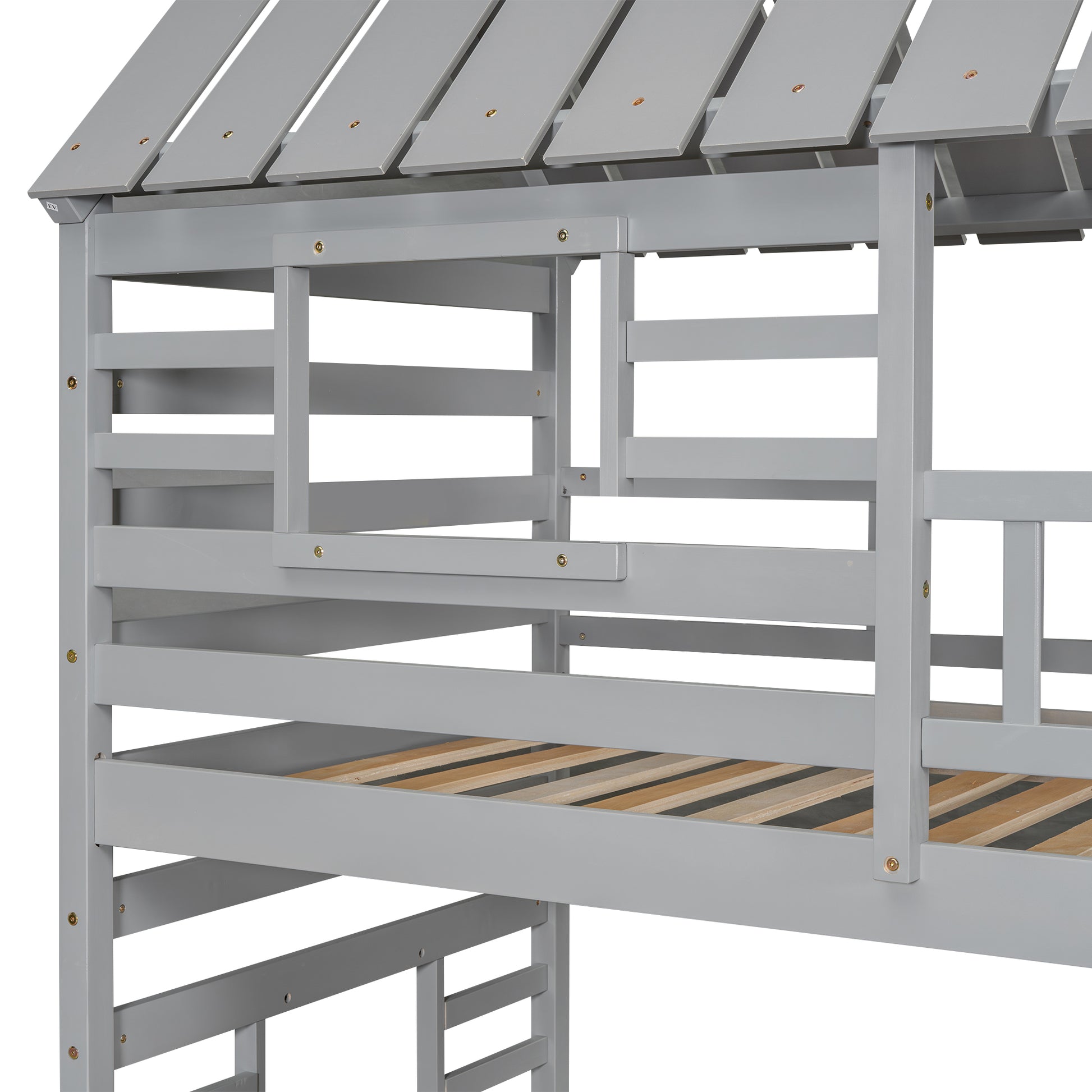 Gray wooden twin loft bed frame with slatted roof detail
