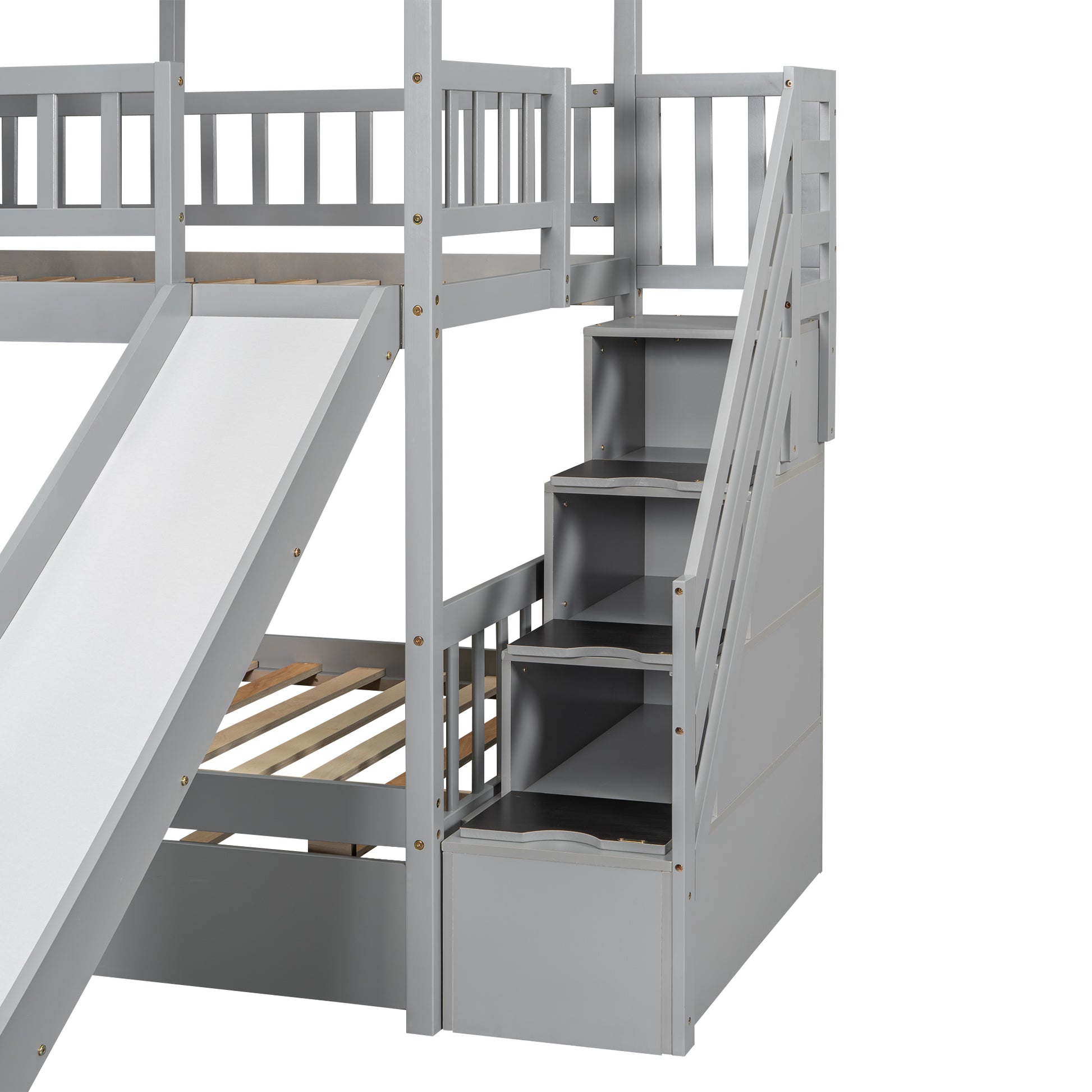 Gray wooden bunk bed with attached slide and integrated stairs