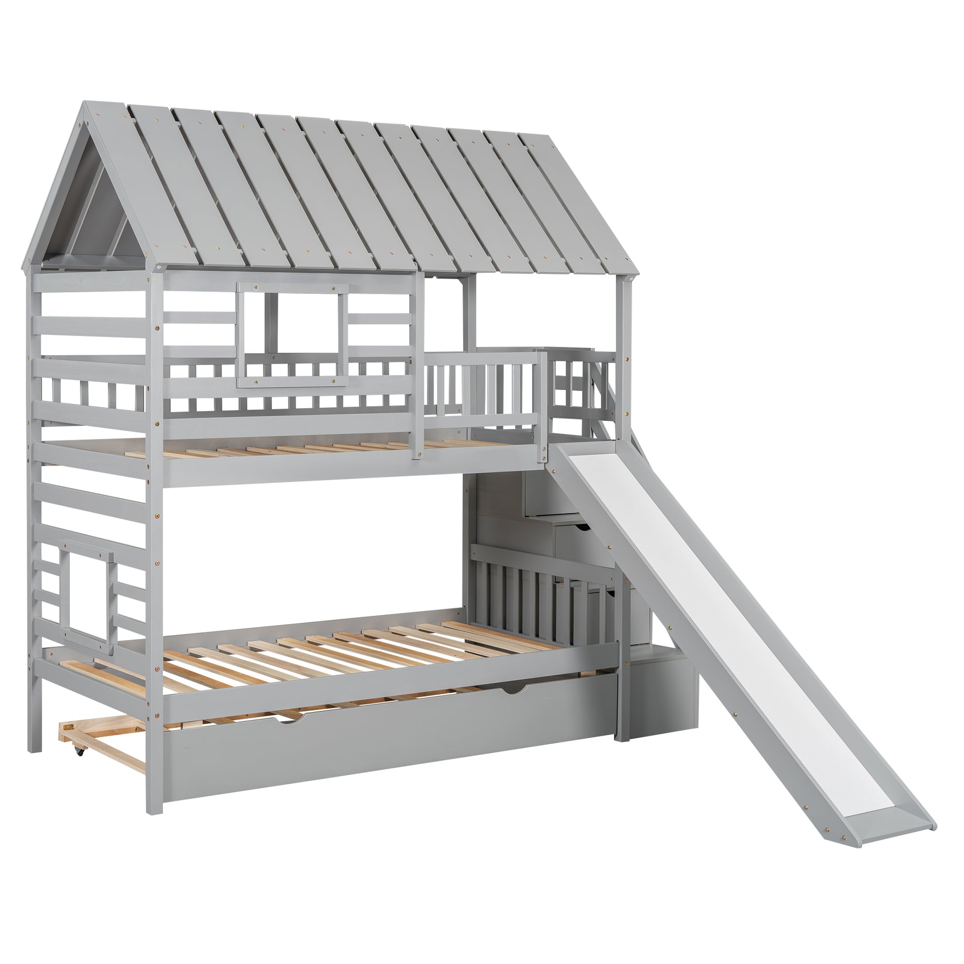 Gray wooden twin over twin bunk bed with slide and storage drawers