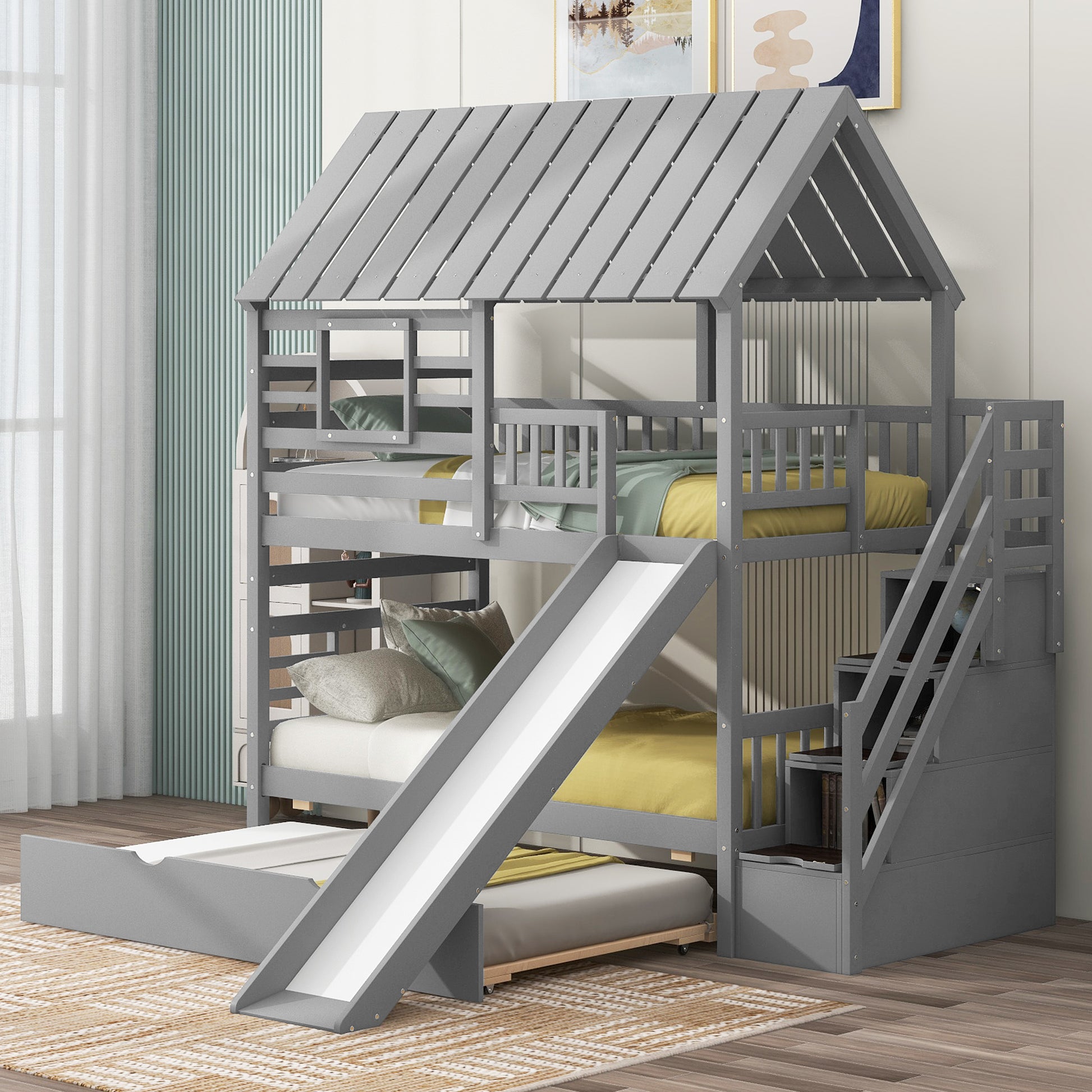 Gray wooden triple bunk bed with slide and stairs for kids