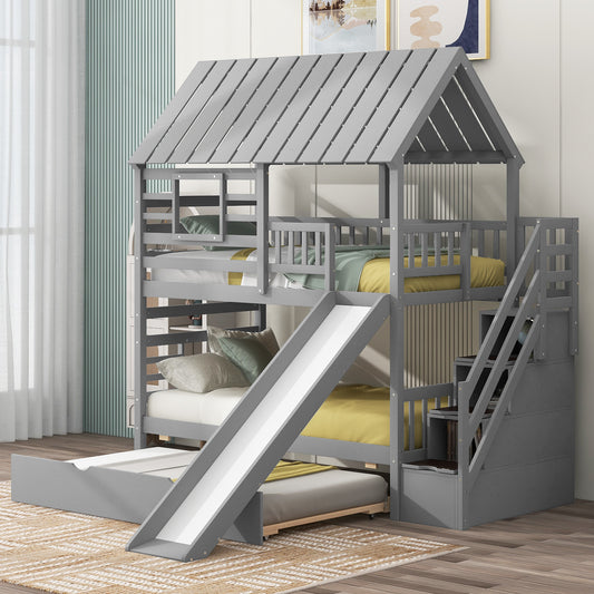 Gray wooden triple bunk bed with slide and stairs for kids