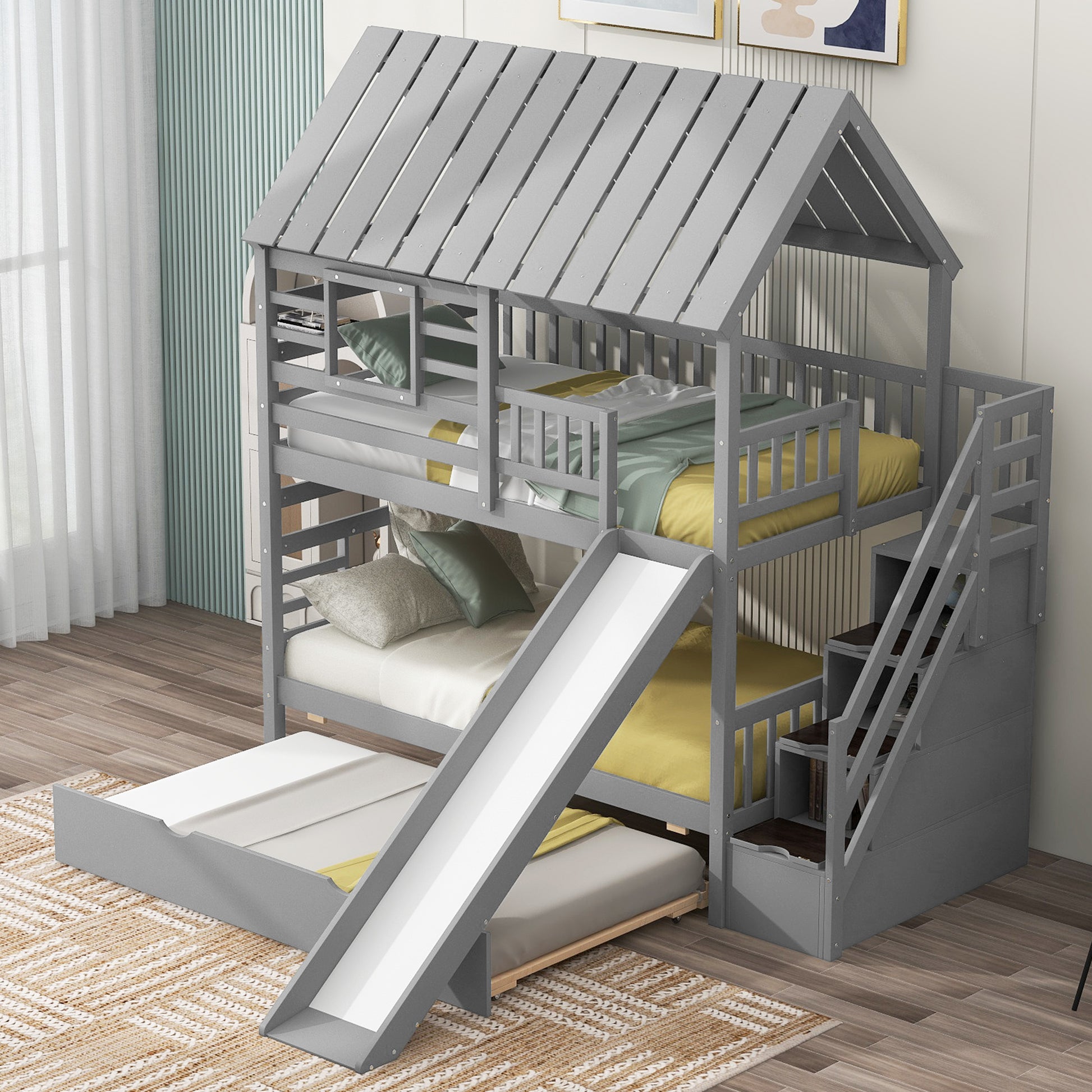 Gray wooden house bunk bed with slide