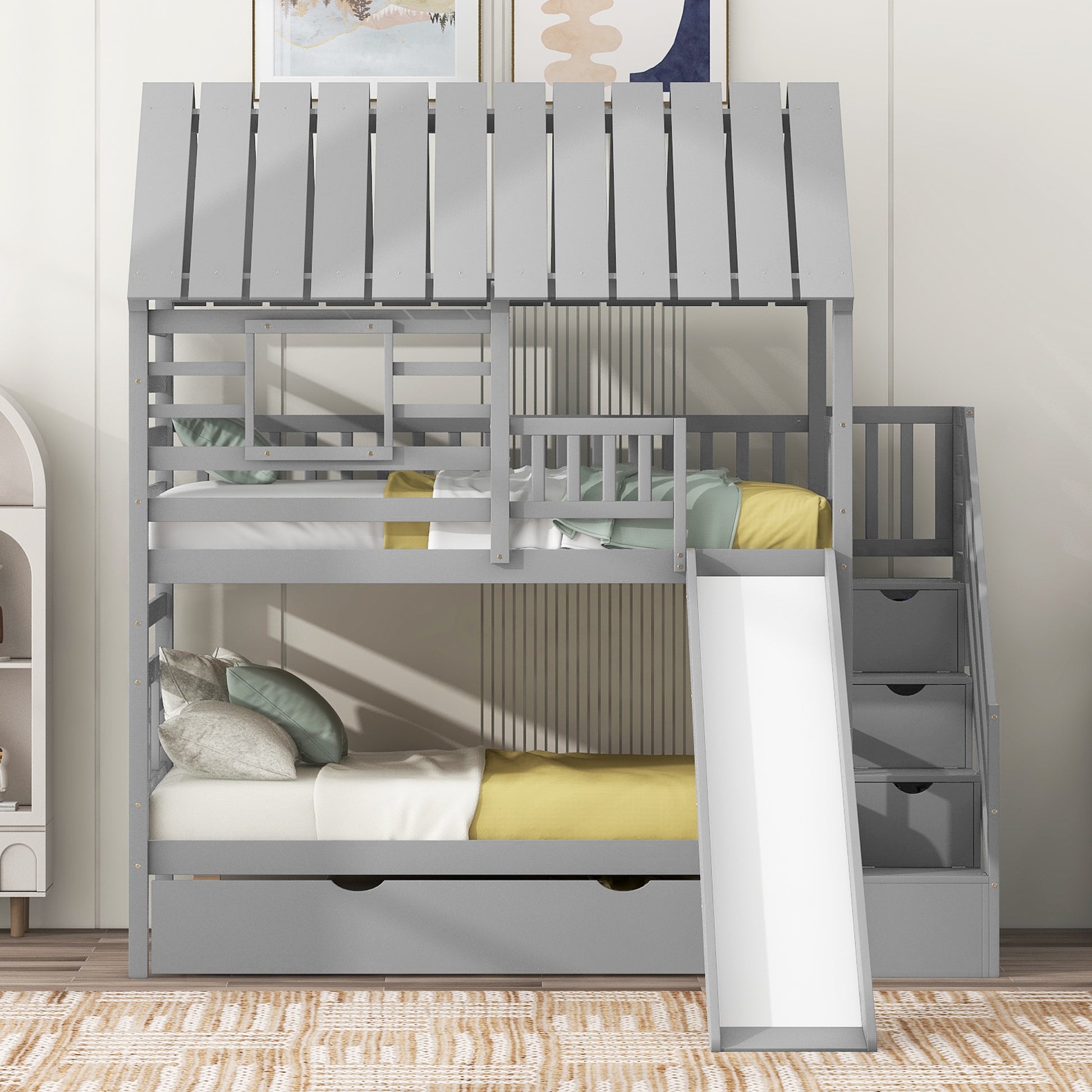 Gray wooden twinovertwin bunk bed with slide and drawers for kids
