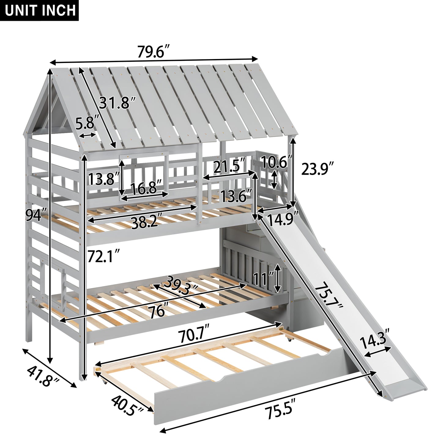 Gray wooden triple bunk bed with slide and dimensions