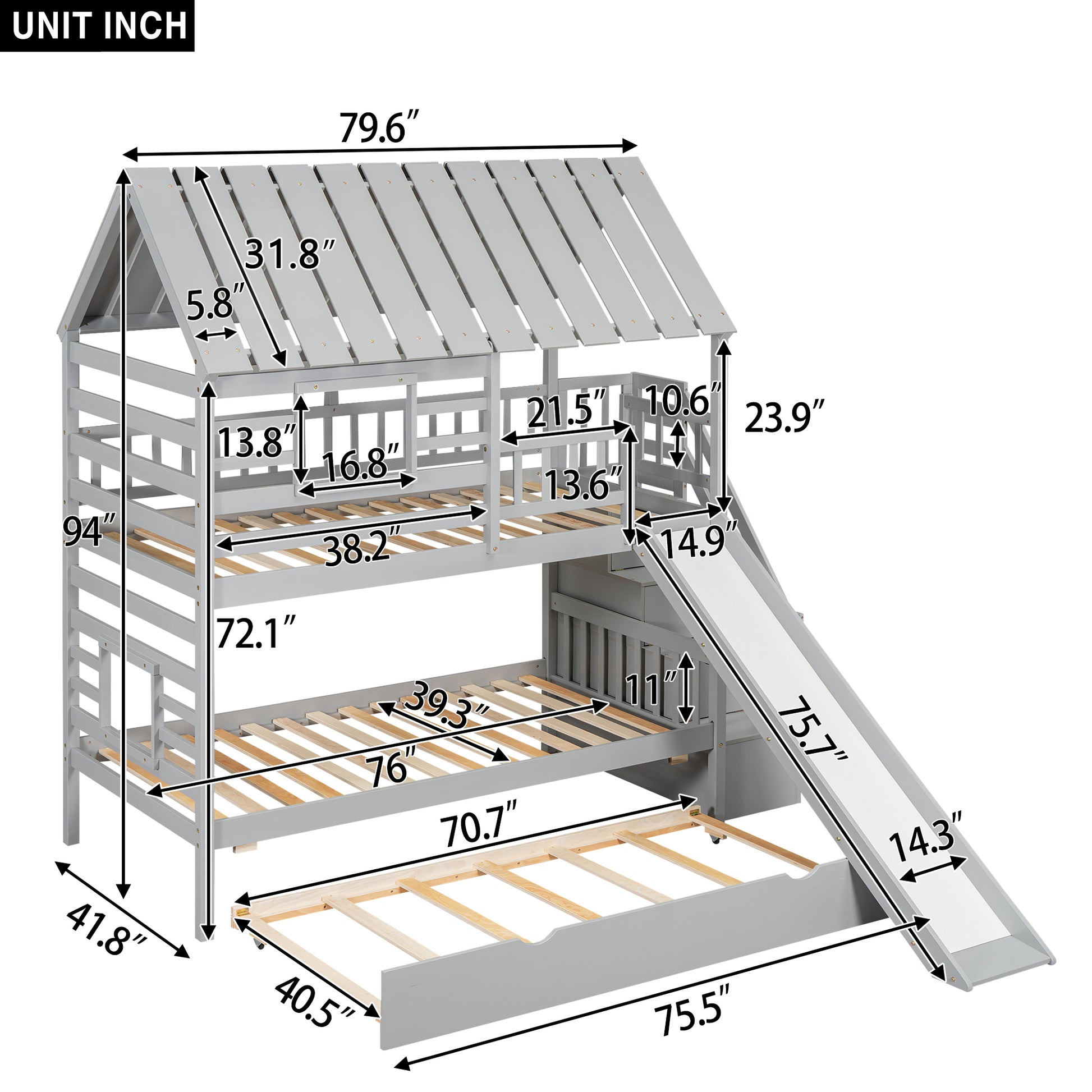 Gray wooden triple bunk bed with slide and dimensions