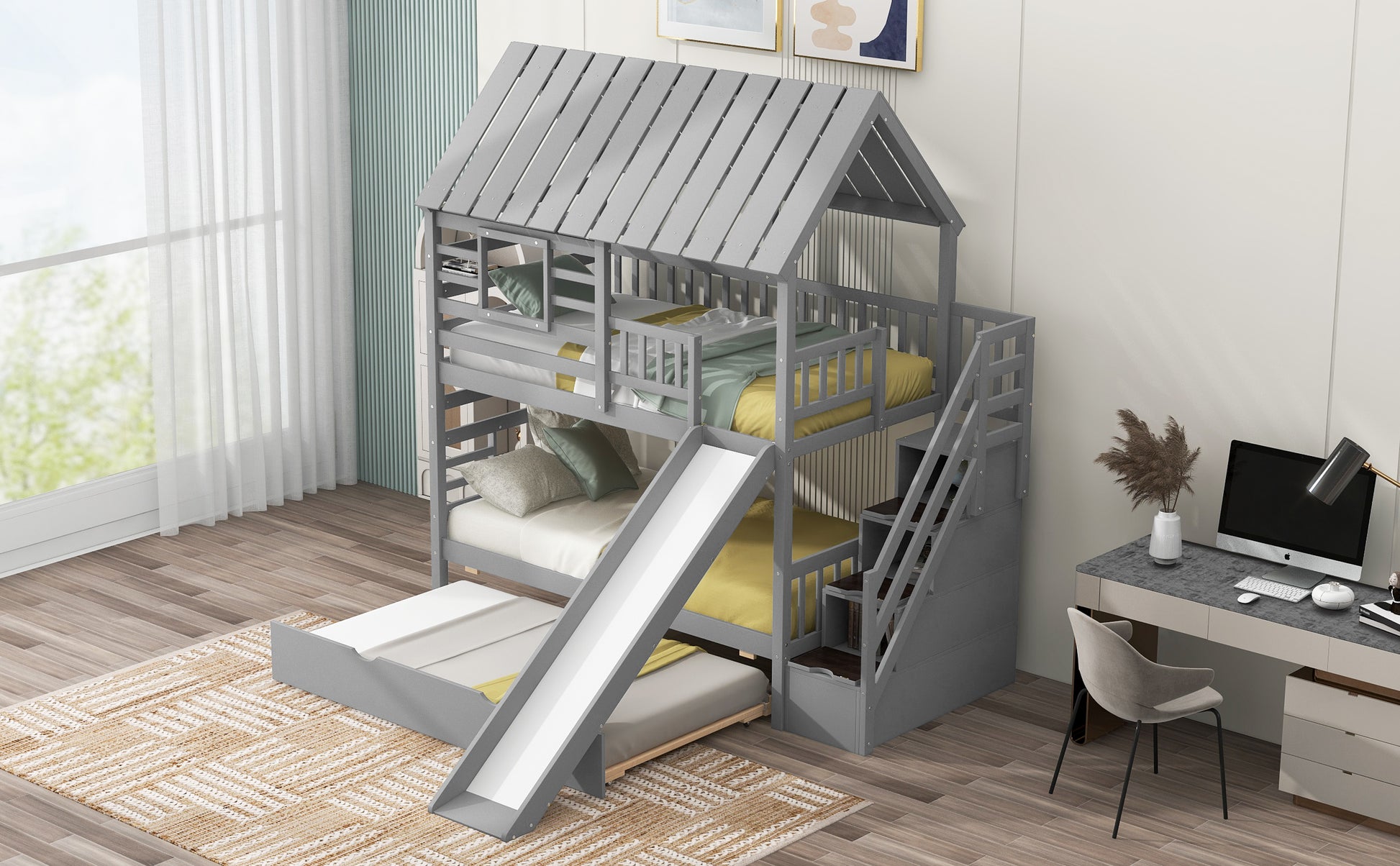 Gray wooden triple bunk bed with slide and trundle for kids