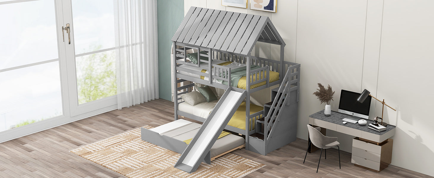 Gray wooden triple bunk bed with slide and trundle