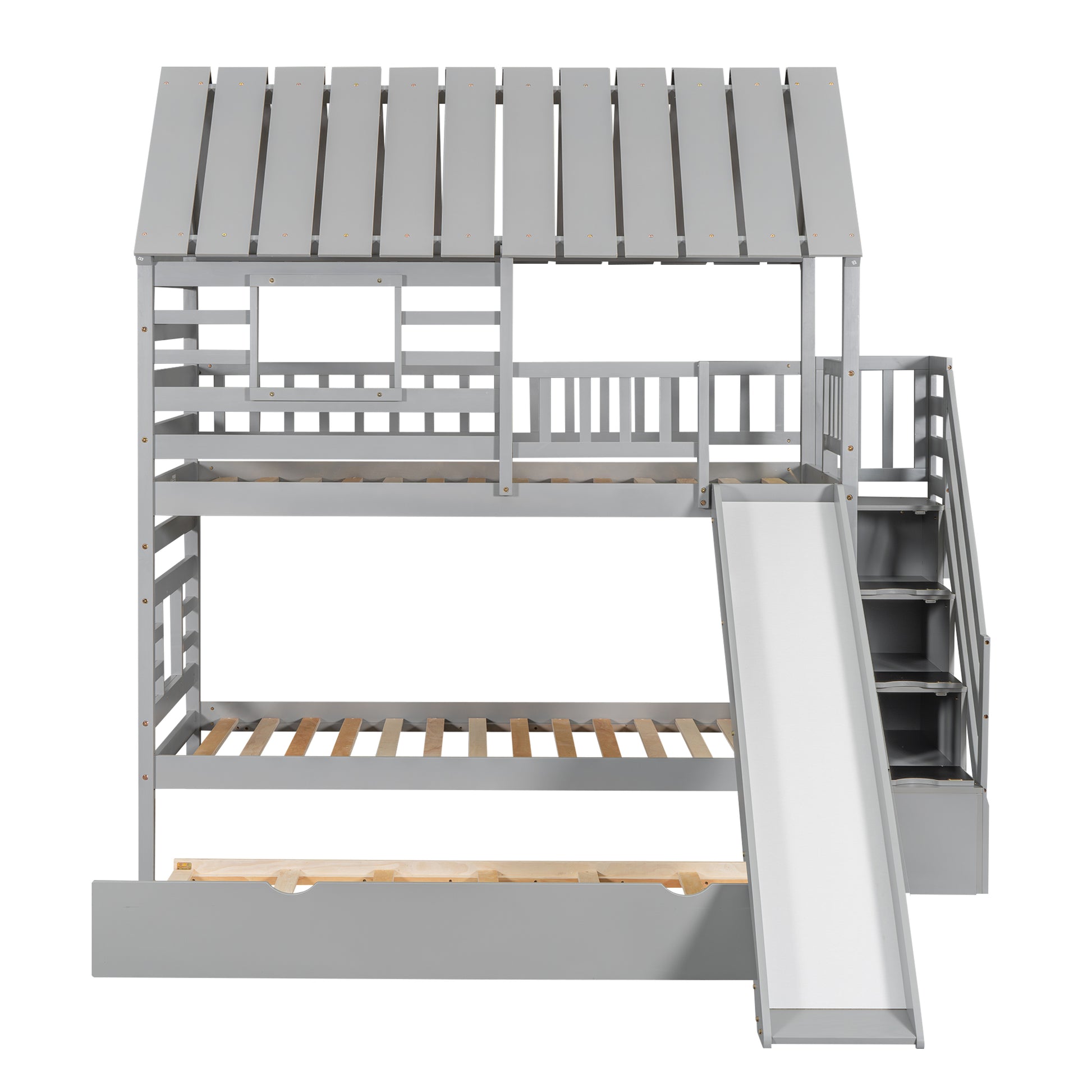 Gray wooden house bunk bed with slide and stairs